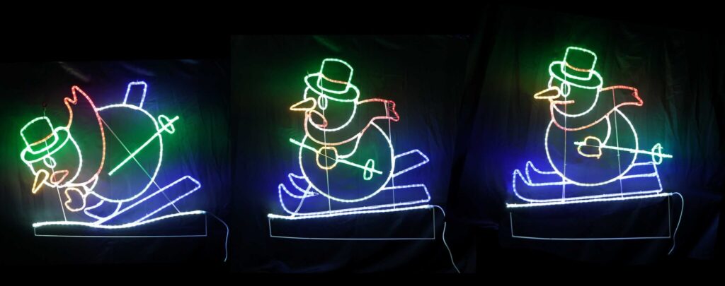 「スキーを楽しむスノーマンの2Dモチーフイルミネーションライト」