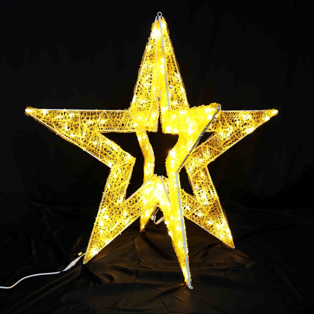 「ゴールドに輝くクロス型のスター。空間にアクセントを加える3Dモチーフイルミネーションライト」