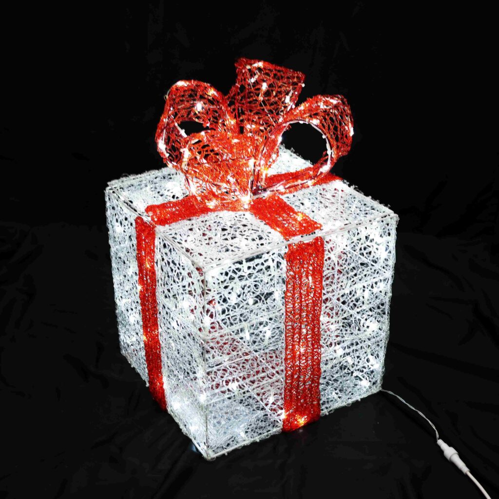 「白いギフトボックスに赤いリボンが巻かれた3Dイルミネーションライト。クリスマスやイベント装飾に」